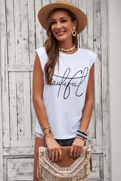 Padded Shoulder Letter Print Tank Top