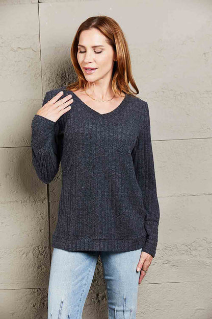 Double Take V-Neck Long Sleeve Ribbed Top