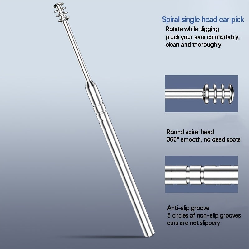 Ensemble de dissolvant de cérumen en acier inoxydable, spirale collecteur de cérumen, cure-oreille tournant, cuillère de nettoyage d'oreille, ensemble d'outils de nettoyage d'oreille 6 pièces 