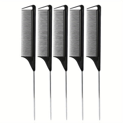 5pcs Professional Hair Styling Comb Set with Long Steel Pin Rat Tail Teasing Combs for Smooth and Controlled Styling