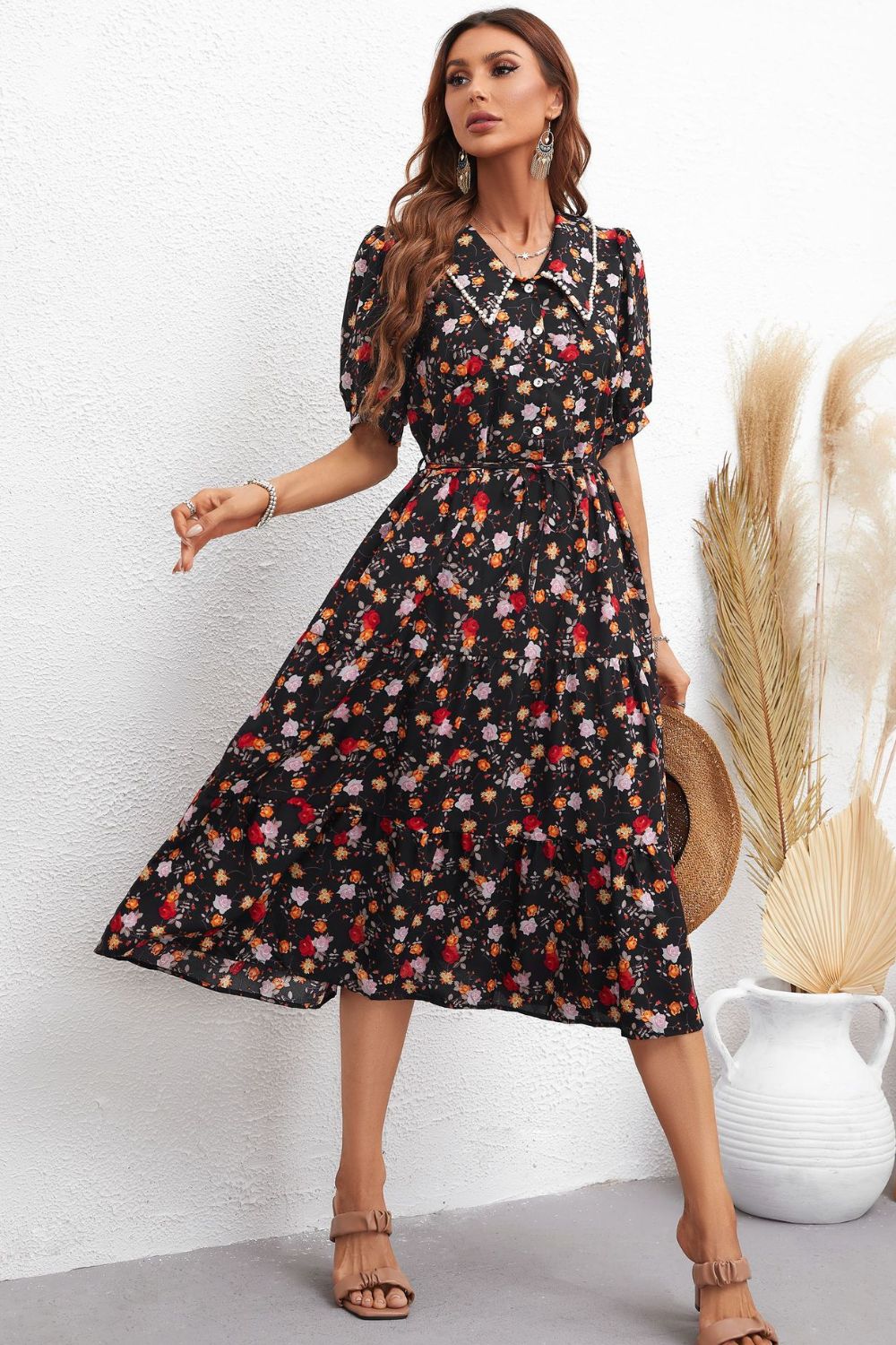 Floral Collared Neck Puff Sleeve Dress