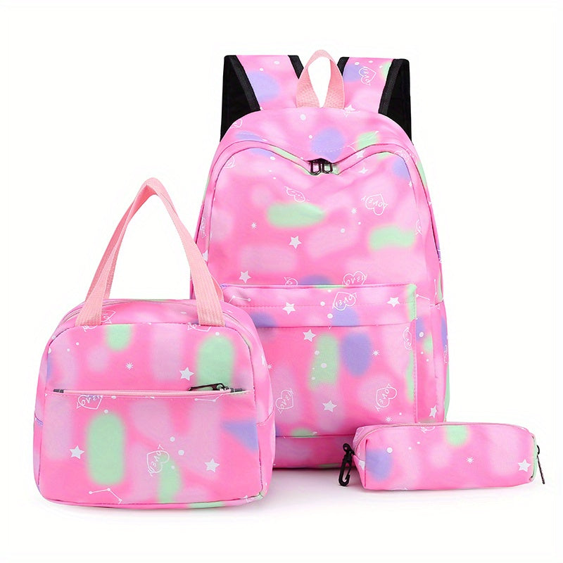 3Pcs Kawaii Backpack Set, Tie Dye Cartoon Pattern School Bag With Lunch Box Bag & Pencil Case