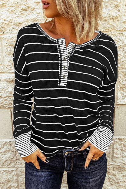 Striped Waffle Knit Henley Long Sleeve Top