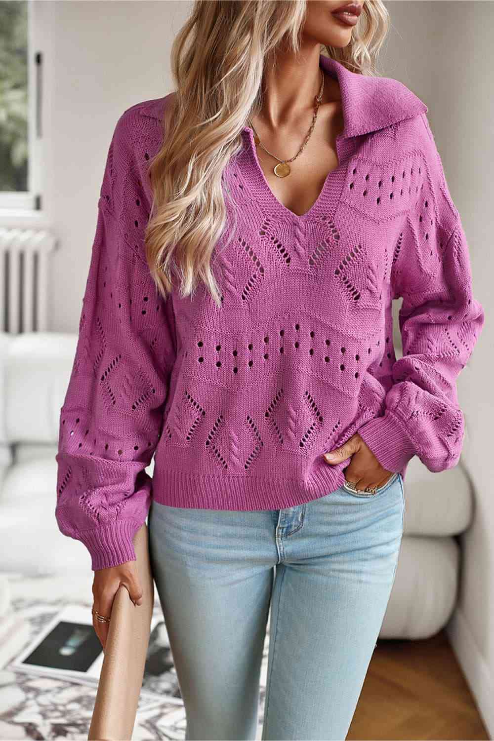 Openwork Long Sleeve Notched Neck Sweater