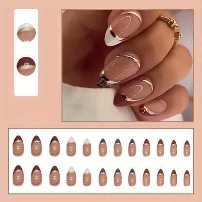 24 pcs Imprimé Léopard Rose Press On Nails - Faux Ongles Courts Amande avec Pointe Blanche - Faux Ongles Acryliques pour Femmes et Filles - Facile à Appliquer et Durable 