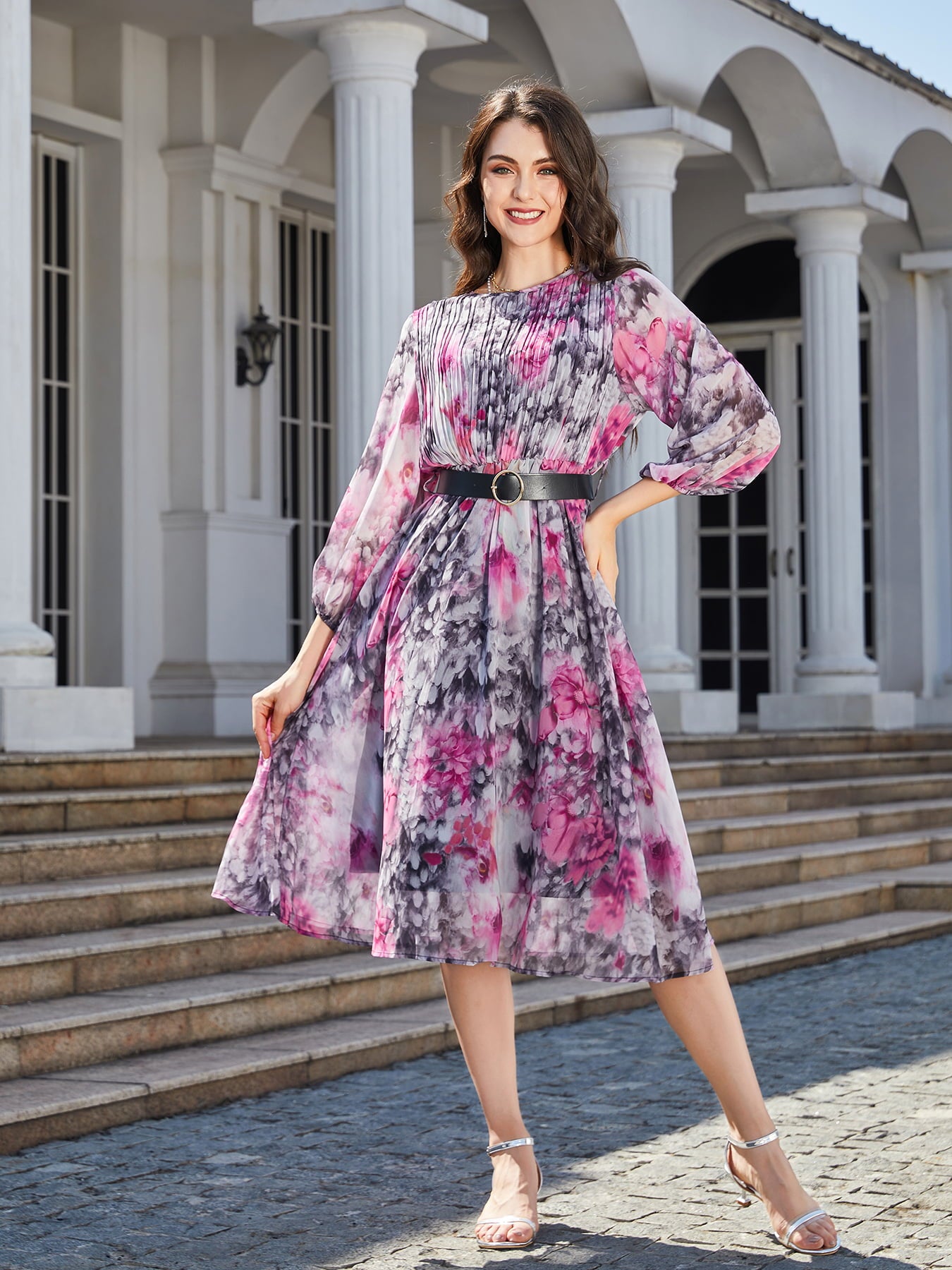 Floral Print Round Neck Balloon Sleeve Midi Dress