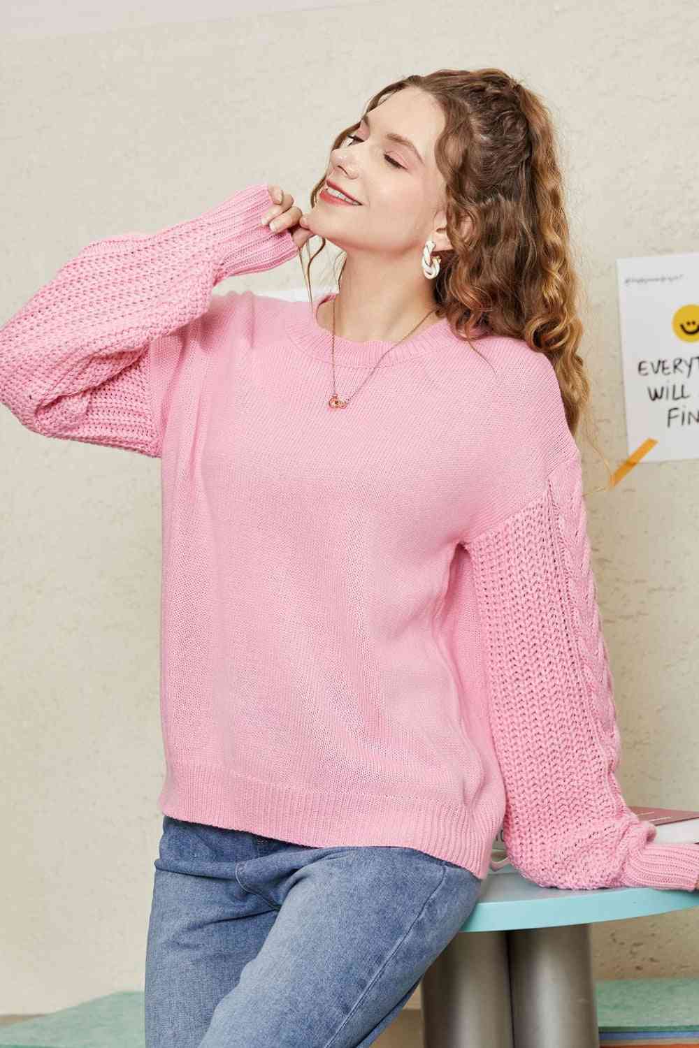 Double Take Round Neck Cable-Knit Dropped Shoulder Sweater