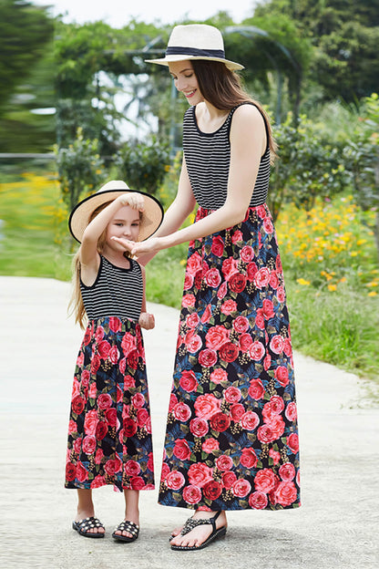 Girls Striped Floral Spliced Dress