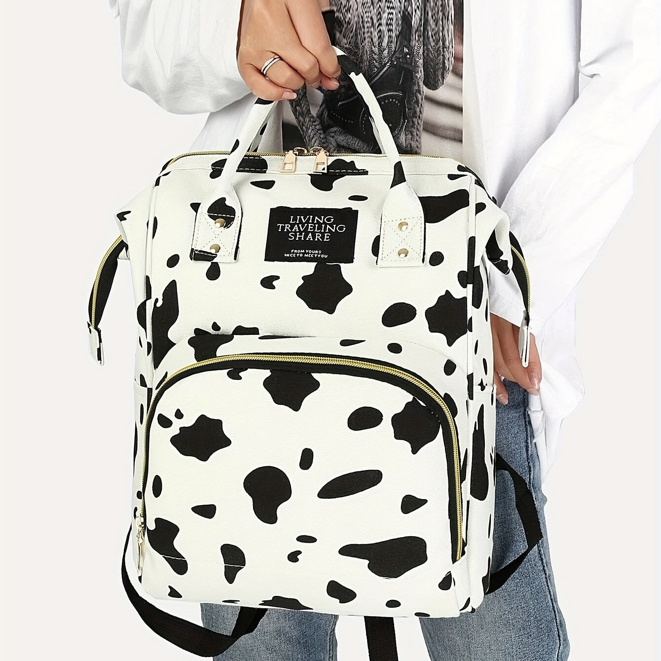 Stylish Cow Pattern Backpack: Trendy Zipper Rucksack for Versatile Women's Travel Diaper Bag