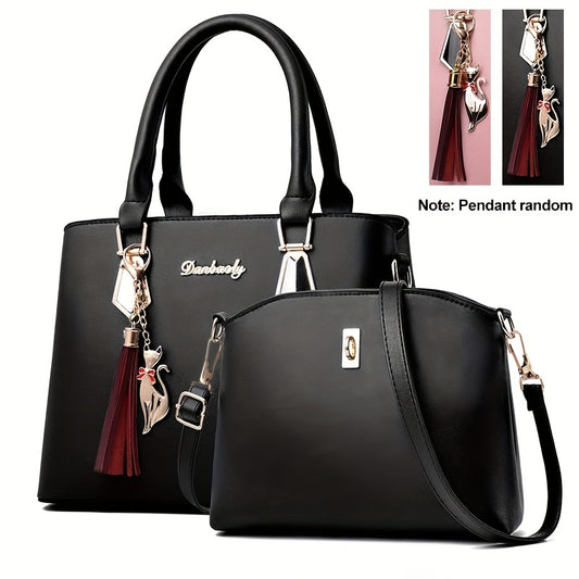 Women's 2-Piece PU Leather Bag Set - Tassel Decor Handbag & Crossbody Purse for Work & Office