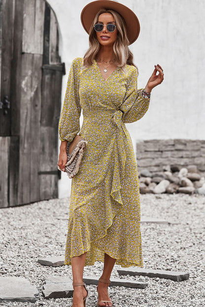 Floral Surplice Neck Long Sleeve Dress