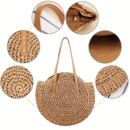 Stylish Woven Beach Bag - Hollow-Out Straw Handbag with Large Round Capacity for Shoulders