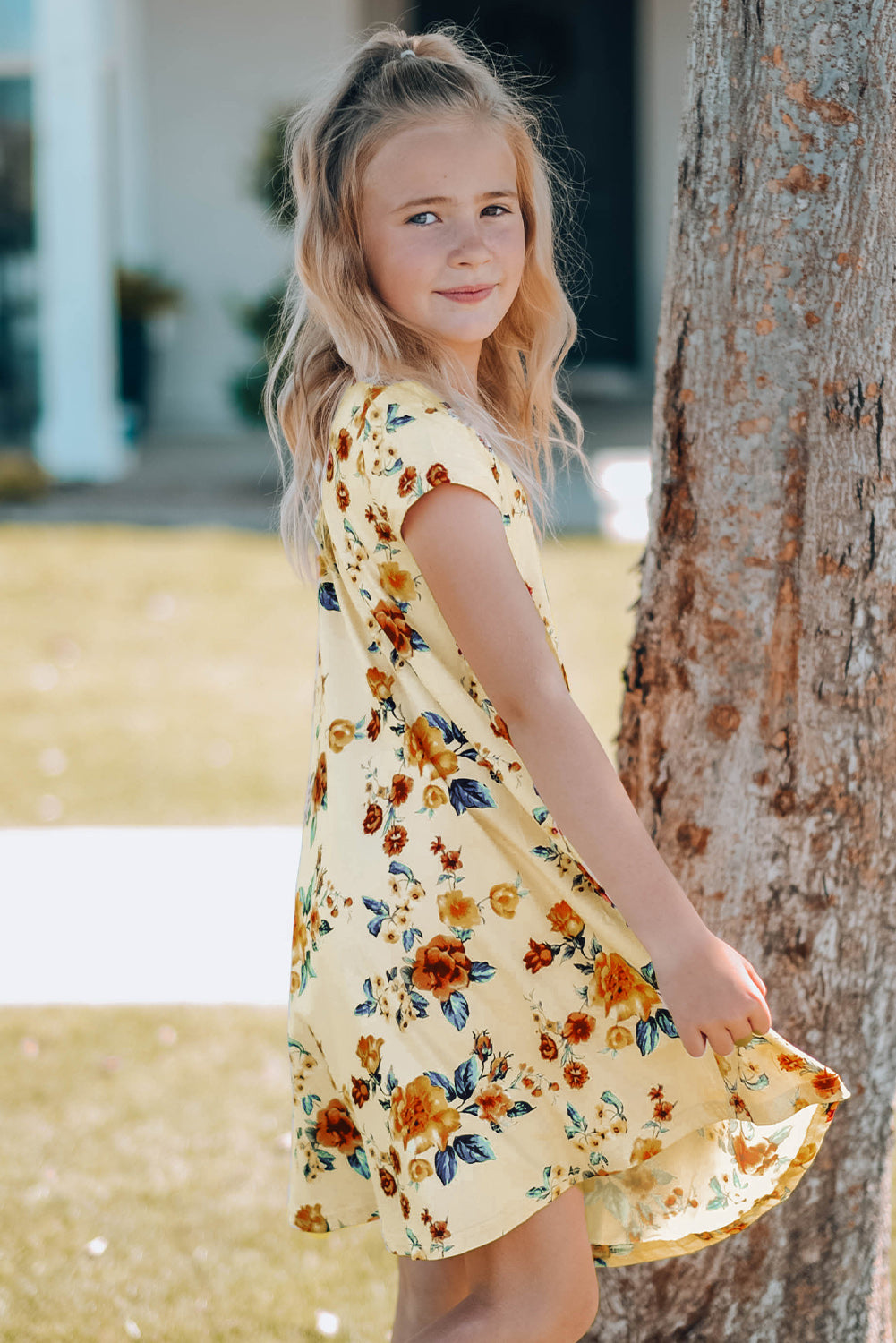 Girls Floral Round Neck Short Sleeve Dress with Pockets