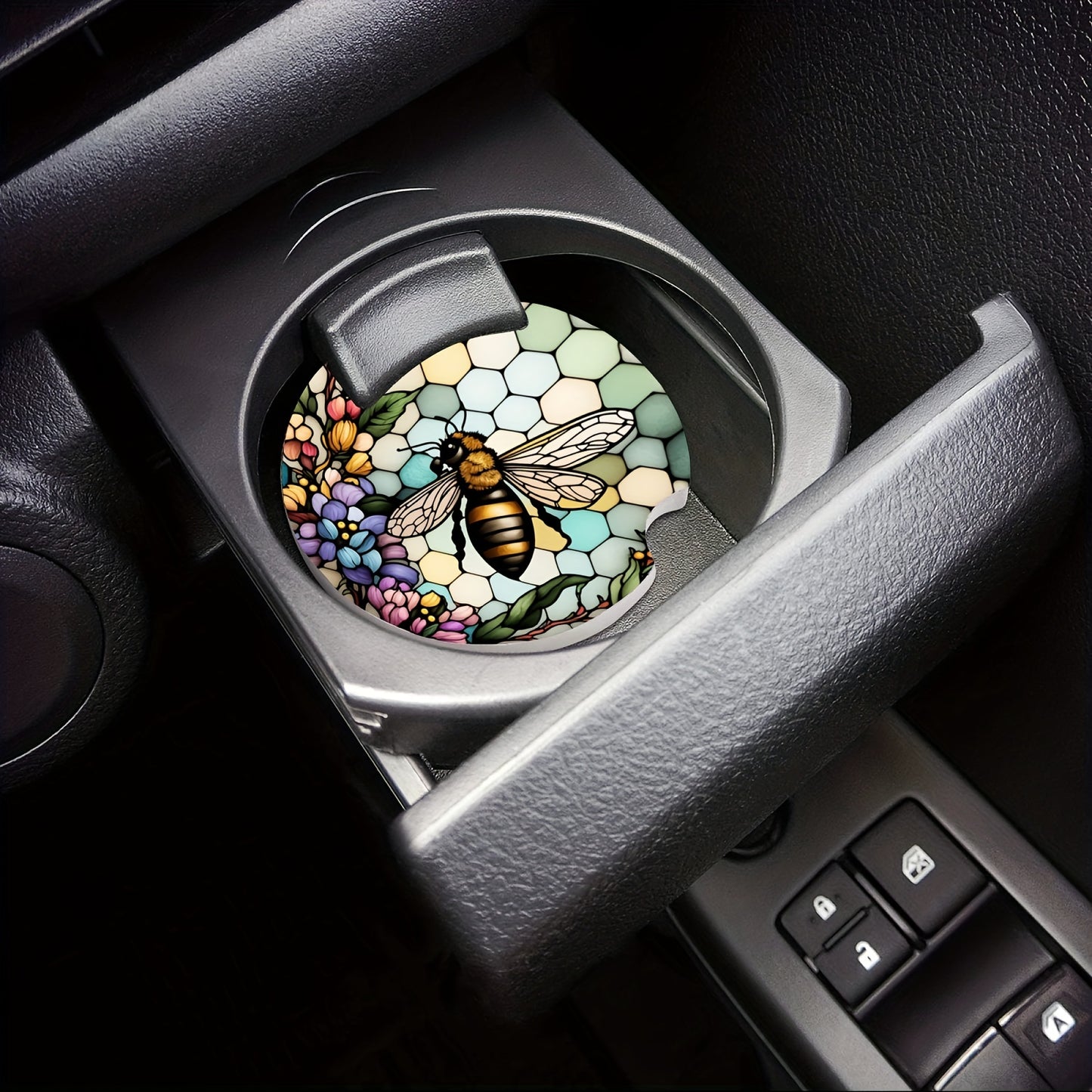 Sous-verres de voiture en céramique abeille et fleur, 2 pièces, avec dos en liège et fente pour les doigts, protégez vos porte-gobelets de voiture contre les déversements et les taches 