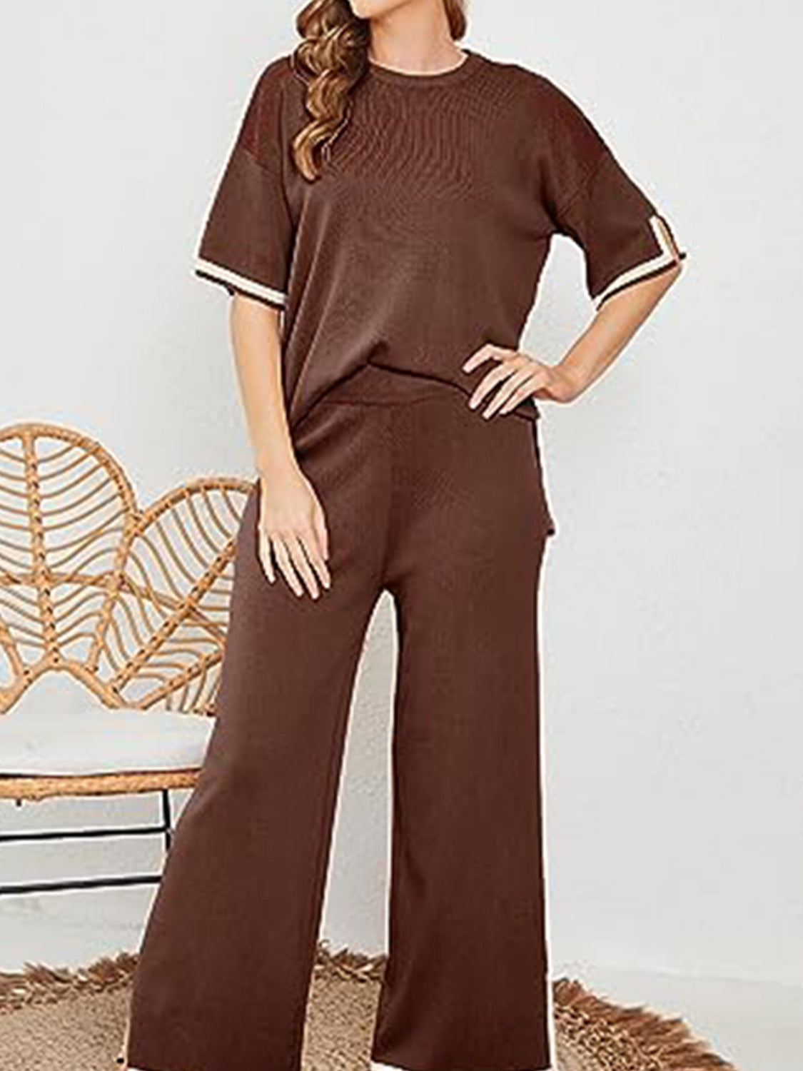 Contrast High-Low Sweater and Knit Pants Set