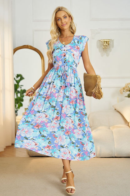 Vestido midi floral con cuello en V y línea A