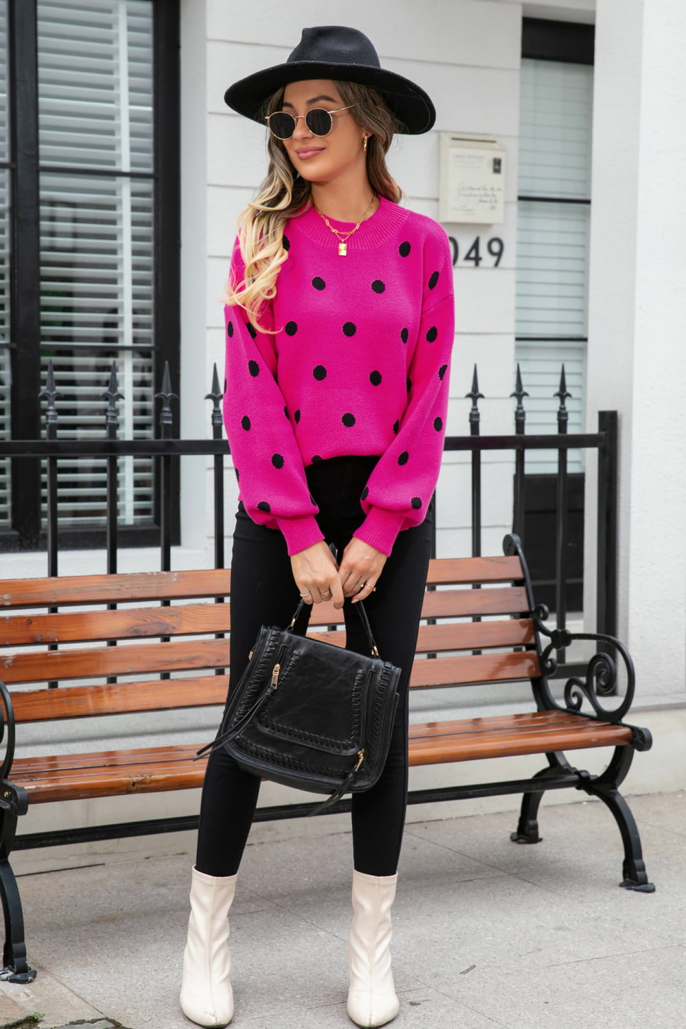 Woven Right Polka Dot Round Neck Dropped Shoulder Sweater