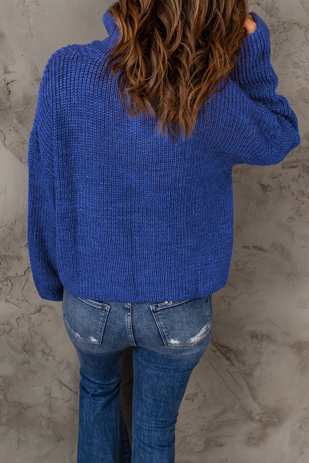 Half Zip Rib-Knit Dropped Shoulder Sweater