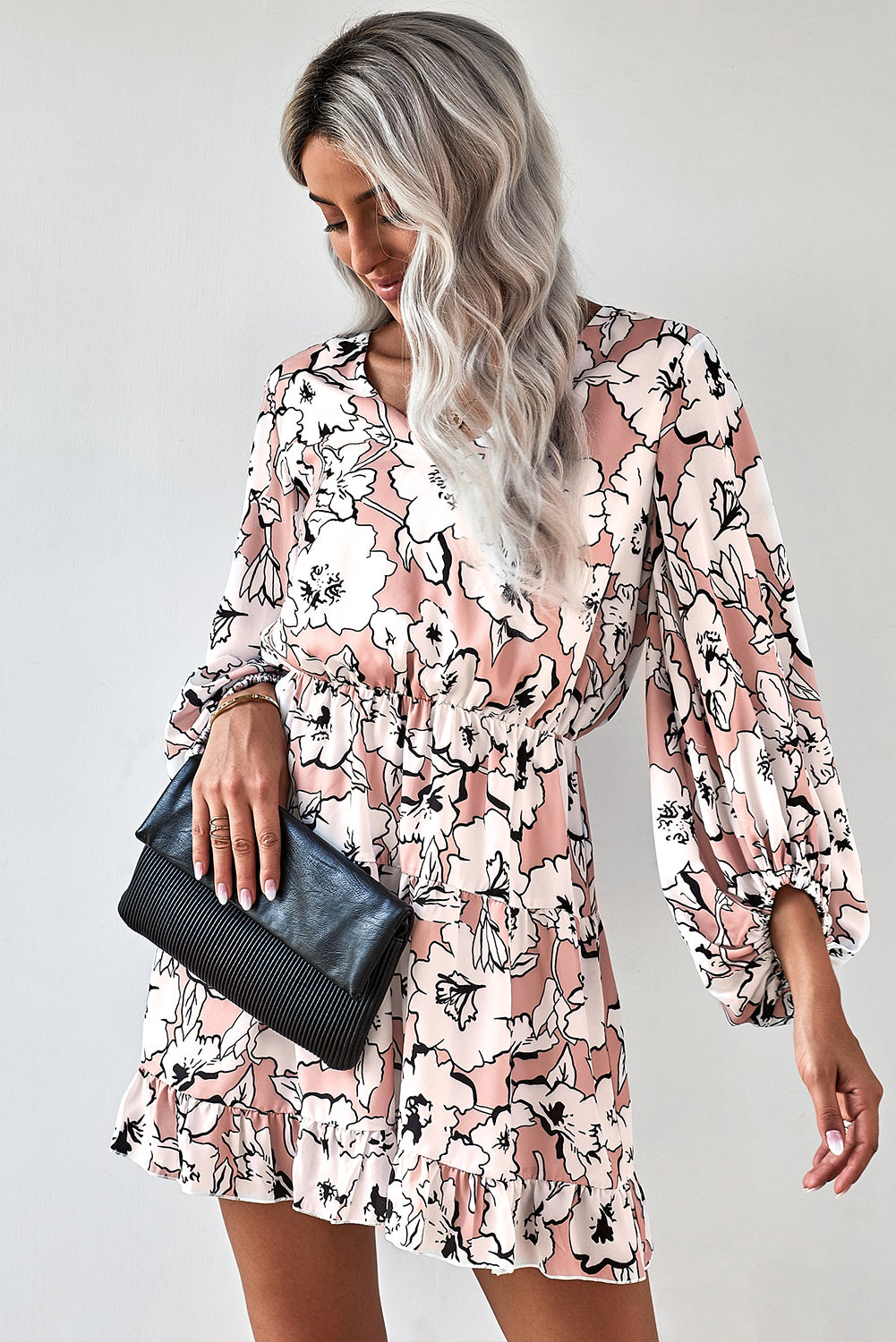 Floral Balloon Sleeve Ruffle Hem Dress