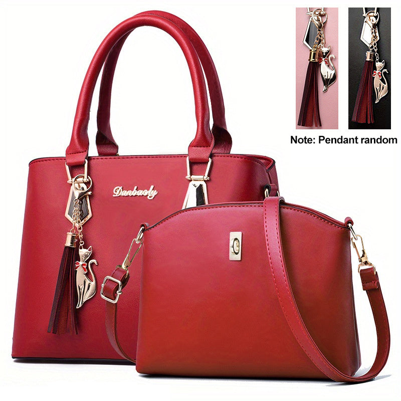 Women's 2-Piece PU Leather Bag Set - Tassel Decor Handbag & Crossbody Purse for Work & Office