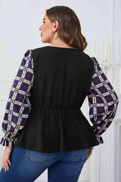 Melo Apparel Blouse froncée à col carré et imprimé écossais grande taille