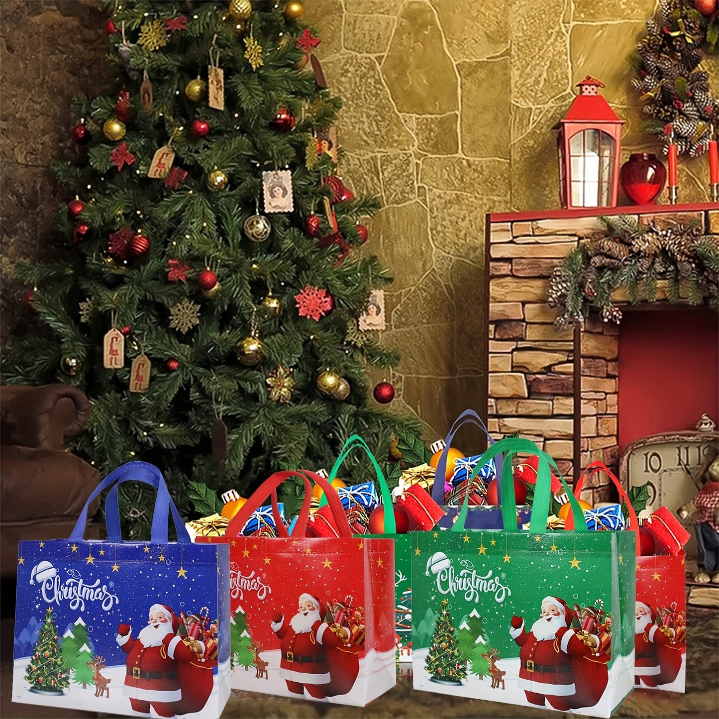 3pcs Christmas Gift Bag, Christmas Tote, Medium Festive Gift Bag With Handle, Reusable Non Woven Shopping Bag For Christmas Party, New Year Shopping 12.5"×9.8"×5.9"