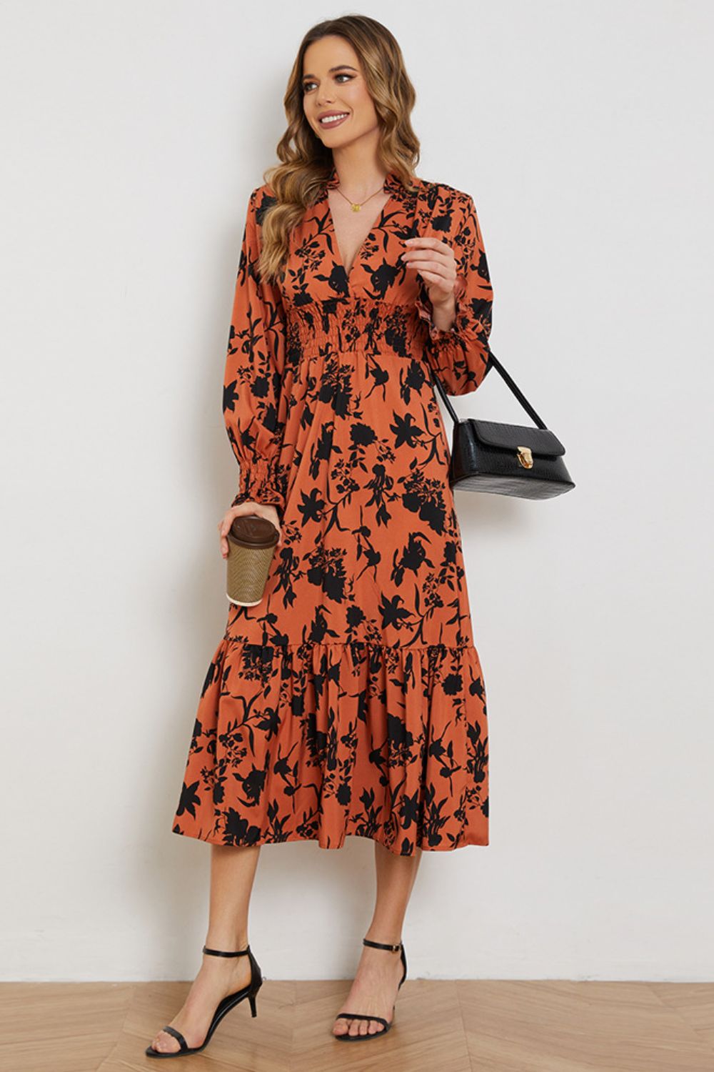 Floral Smocked Long Flounce Sleeve Dress