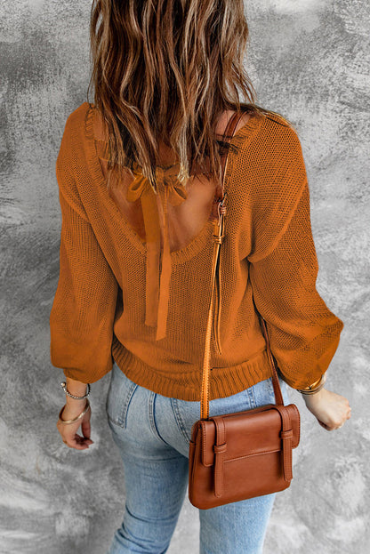 Tied Balloon Sleeve Round Neck Sweater