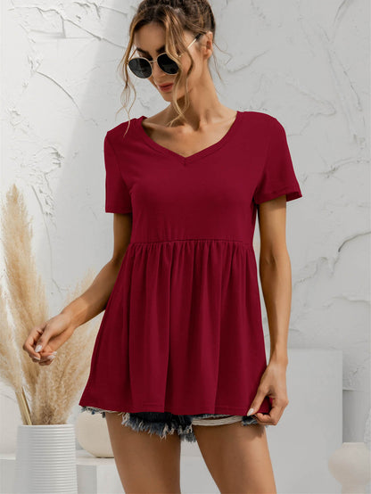 V-Neck Short Sleeve Babydoll Top