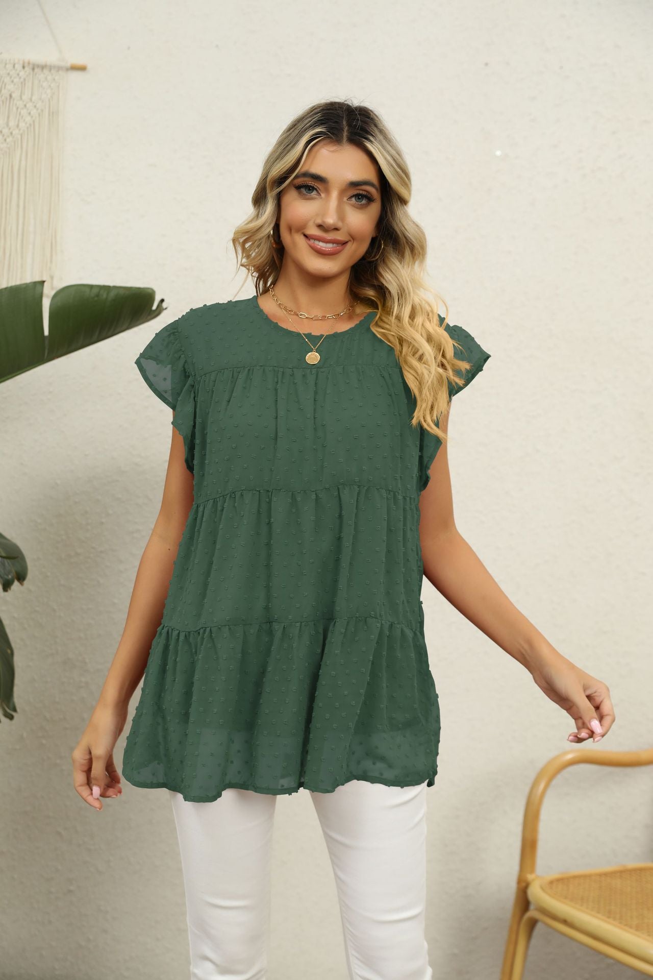 Swiss Dot Round Neck Tiered Blouse