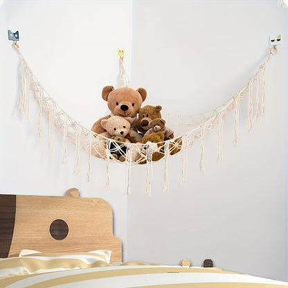 1 grand filet ou hamac pour animaux en peluche Boho de 55 pouces, hamac pour jouets, coin de rangement pour animaux, support de filet suspendu, hamac en maille, organisateur de jouets en peluche avec pompon et crochets pour chambre à coucher, crèche 