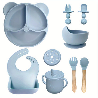 10pcs/set Children's Silicone Dinner Plate, Suction Cup Bowl, Spoon,  Baby Food Supplement Bowl, Dinner Plate Feeding Tableware, Bear Snail Water Drop Cup, Wooden Fork And Spoon