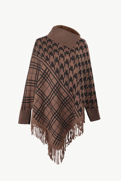 Houndstooth Turtleneck Fringe Hem Poncho