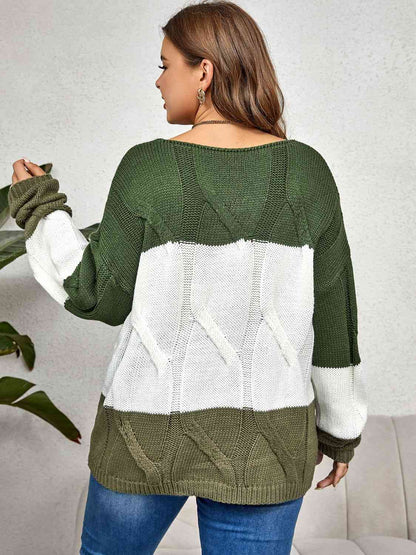 Plus Size Color Block Long Sleeve Sweater