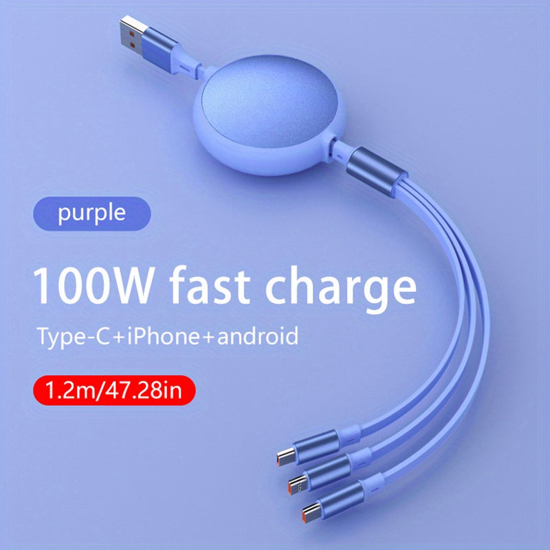 100W Super Fast Charge 3-in-1 Retractable Charging Cable for Apple, Android, and Type-C - Multifunctional Mobile Phone and Electronic Accessories Charger