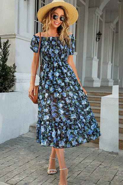 Floral Smocked Frill Trim Split Midi Dress