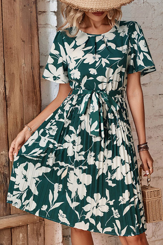 Floral Round Neck Tie Belt Pleated Dress