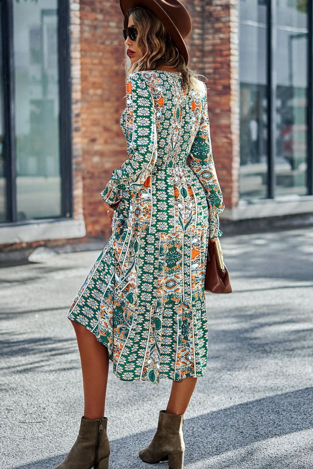 Smocked Round Neck Lantern Sleeve Midi Dress