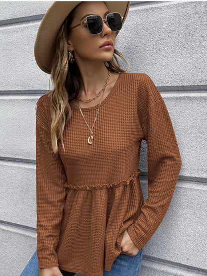 Waffle-Knit Long Sleeve Peplum Blouse