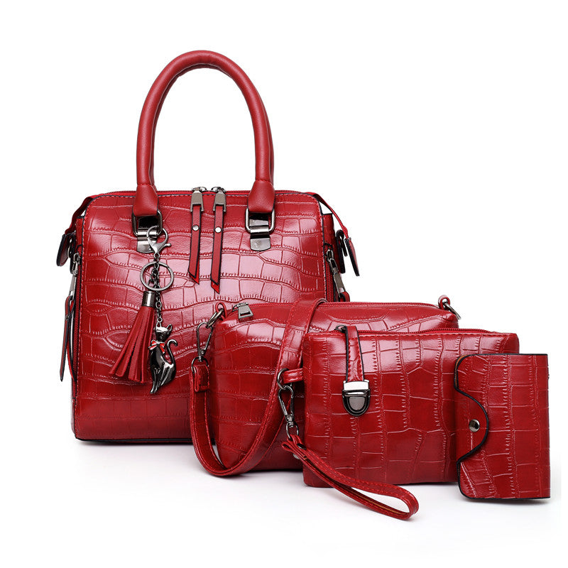 4-Piece Croc-Embossed Handbag Set: Tassel-Decorated Shoulder Bag, Wristlet Purse & Card Holder