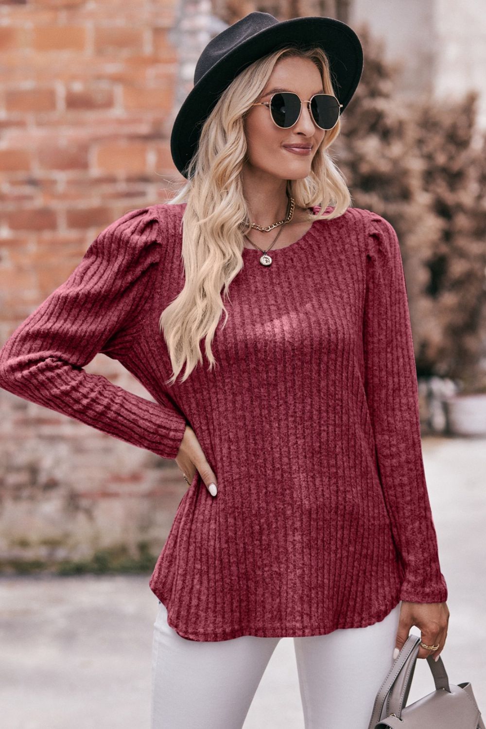 Double Take Round Neck Puff Sleeve Ribbed Top