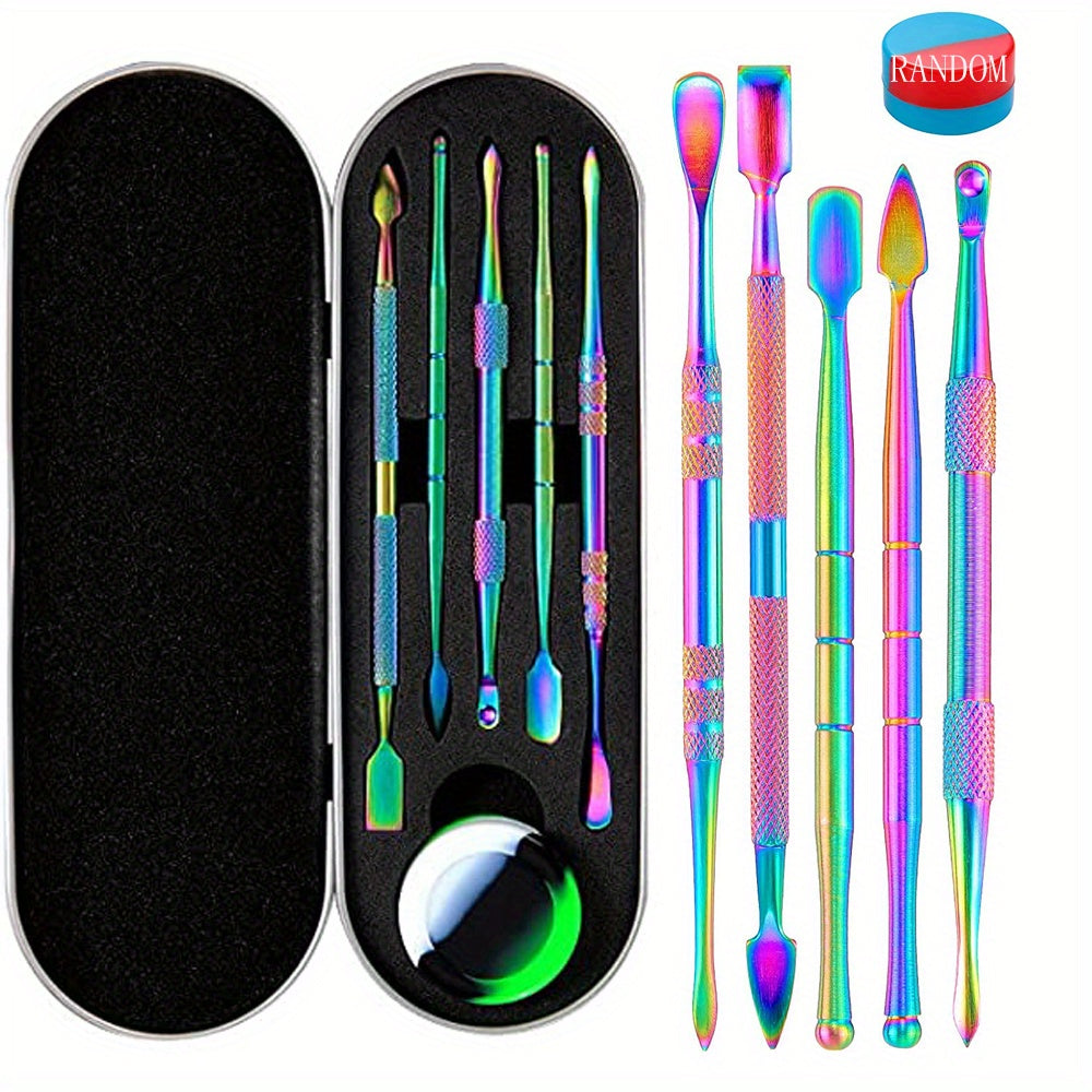 6 In 1 Smoking Oil Wax Spoon Tools Accessories Set With 1 Silicone Box, Stainless Steel Pipe-Oil Spoon Cigarette Cream Spoons Smoke Tools Cigarettes Digging Oils Cleaning Tool For Man Father's Day Gift