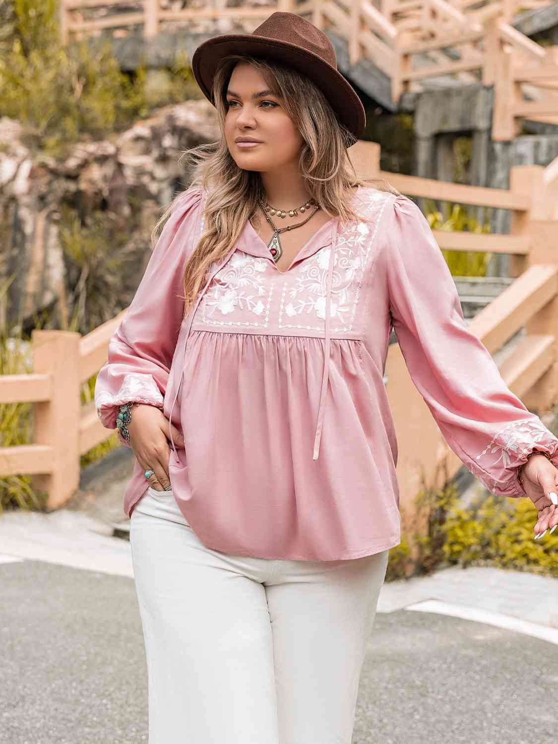 Plus Size Tie Neck Puff Sleeve Blouse