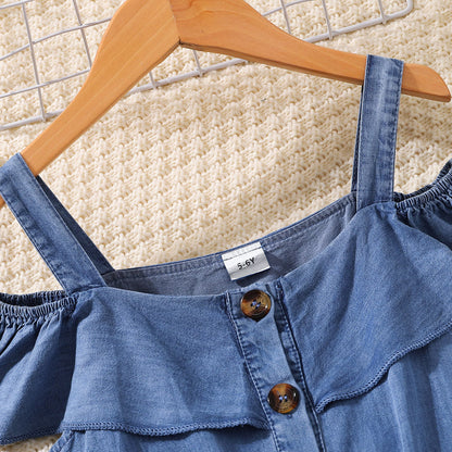 Girls Cold-Shoulder Buttoned Denim Dress