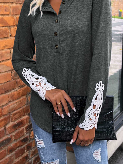 Spliced Lace Half Button Long Sleeve T-Shirt