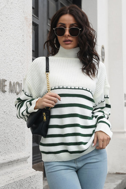 Striped Turtleneck Drop Shoulder Sweater