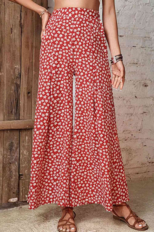 Pantalon évasé fleuri à taille haute et jambe large