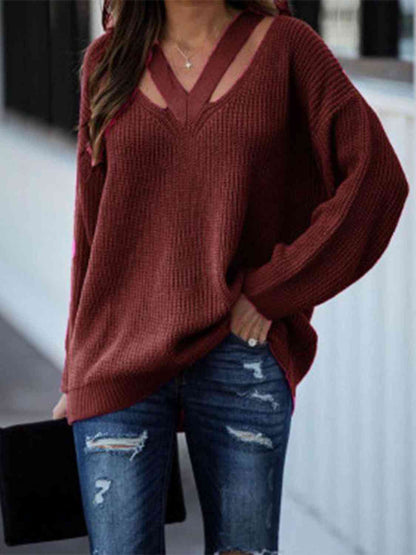 Full Size Cutout V-Neck Rib-Knit Sweater