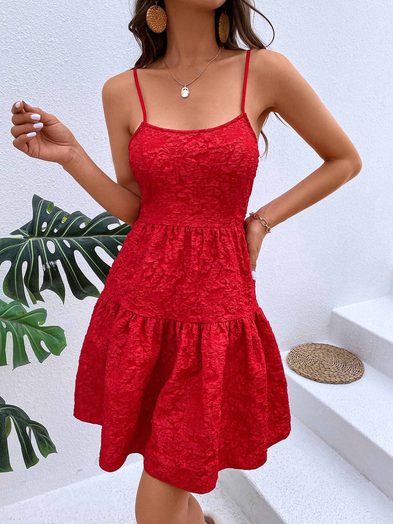 Textured Spaghetti Strap Cutout Dress