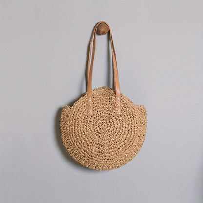 Woven Straw Round Handbags, Hollow Out Summer Beach Bag, Women's Large Capacity Shoulder Bag